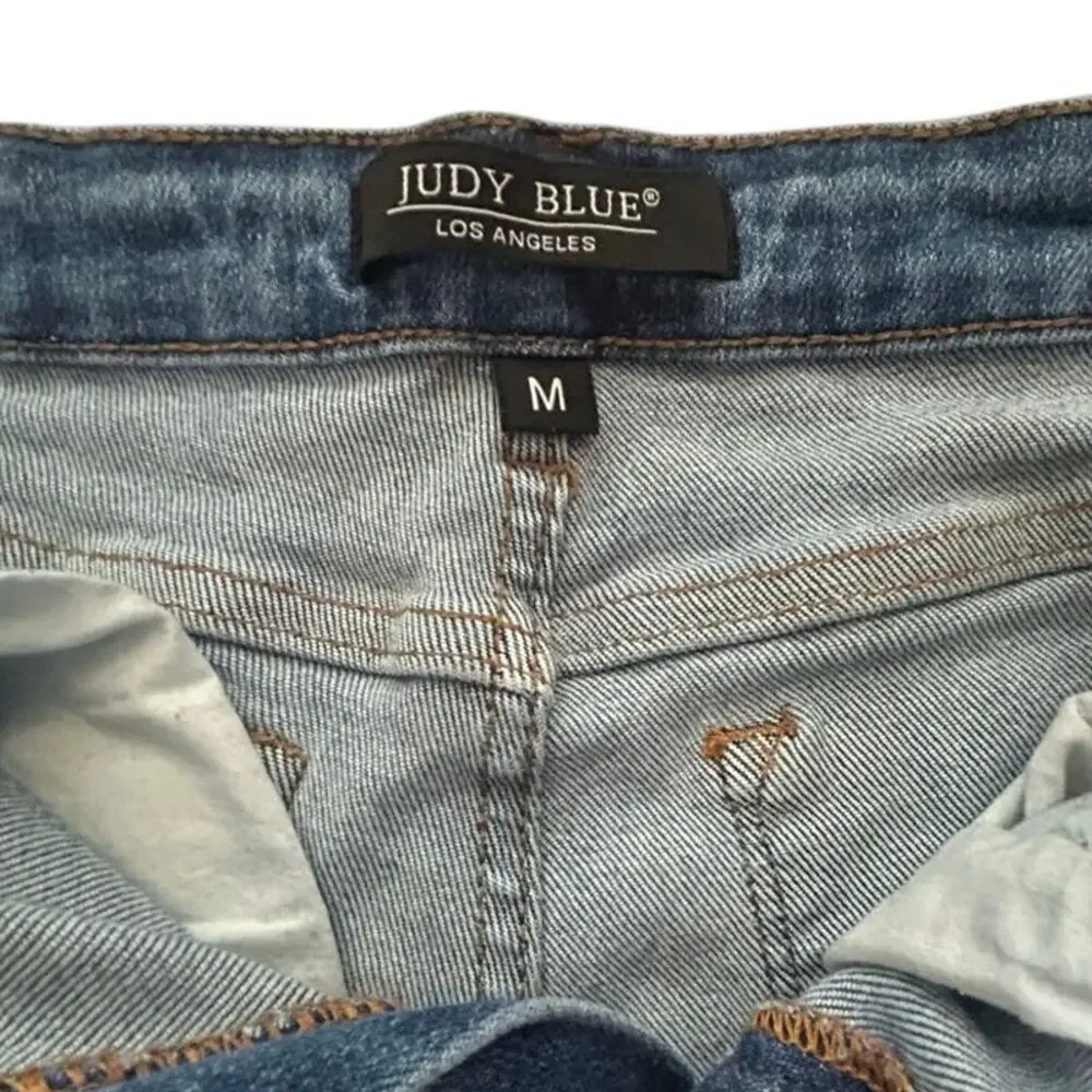 Judy Blue M High Rise Distressed Denim Shorts Sun Embroidered